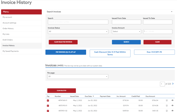 Customer Invoice History Page